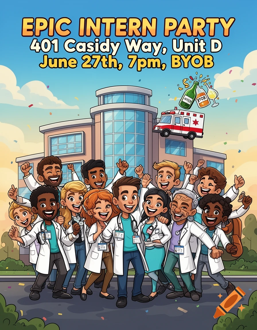 A cartoon flyer shows a diverse group of excited doctors and interns in front of a hospital. Text announces an "EPIC INTERN PARTY" with location, date, time, and "BYOB".