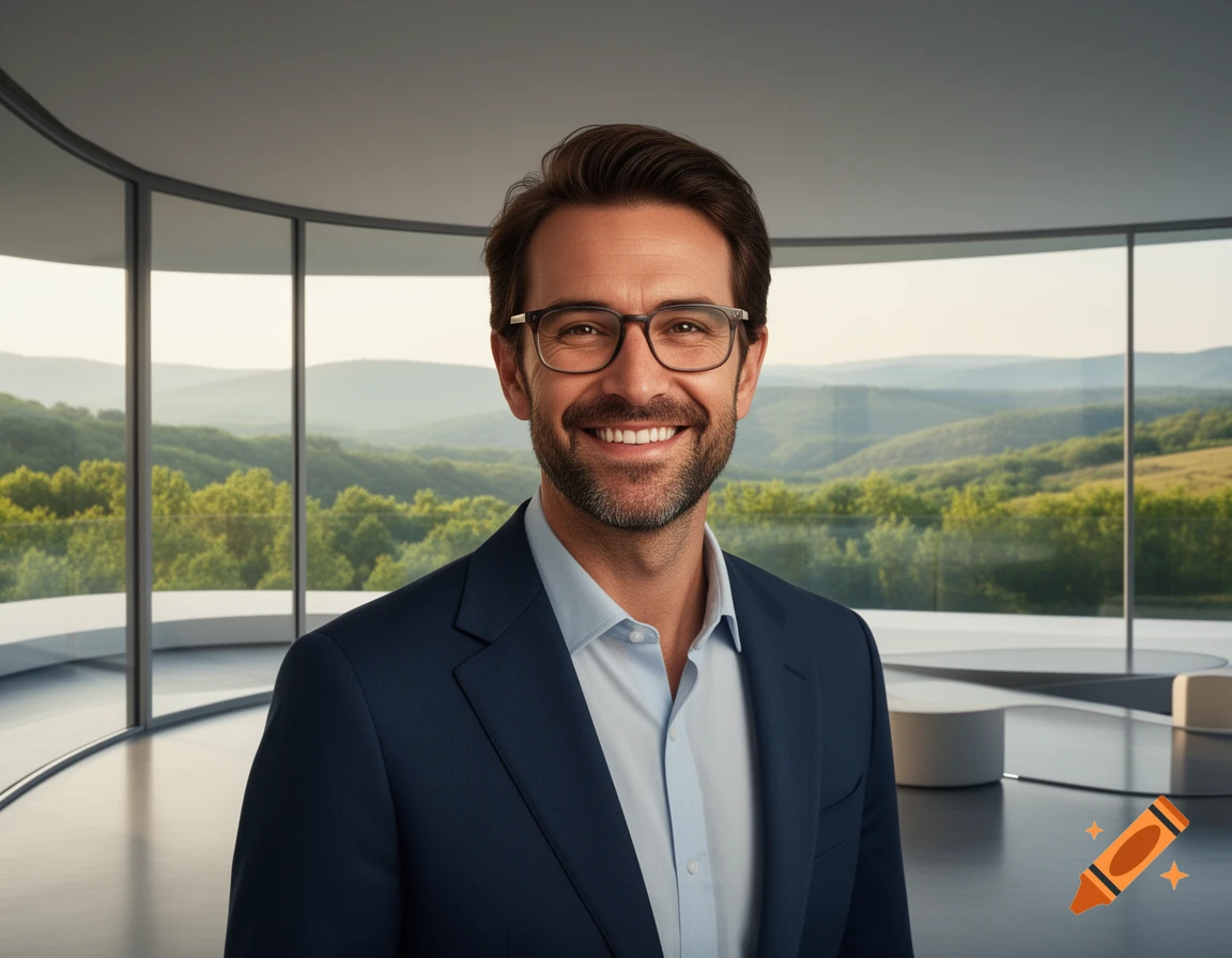 Smiling man with dark hair, beard, and glasses in a modern office with a view of green mountains, photorealistic.
