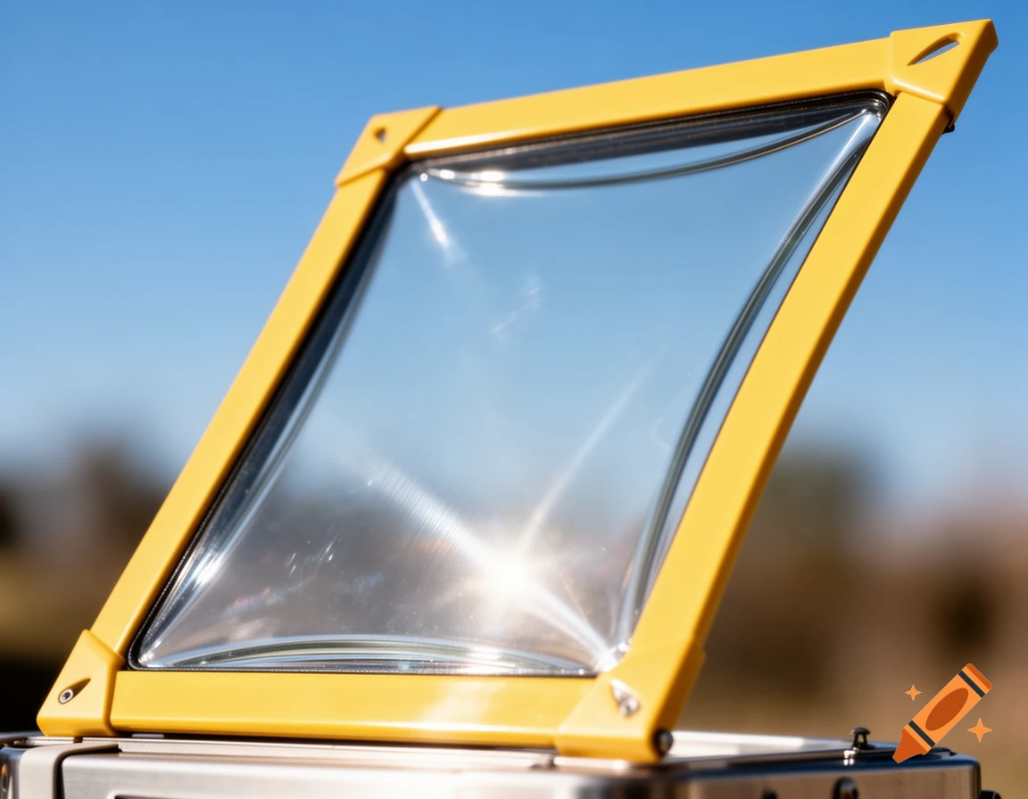 Close-up of a yellow-framed solar oven glass door reflecting sunlight against a clear blue sky.