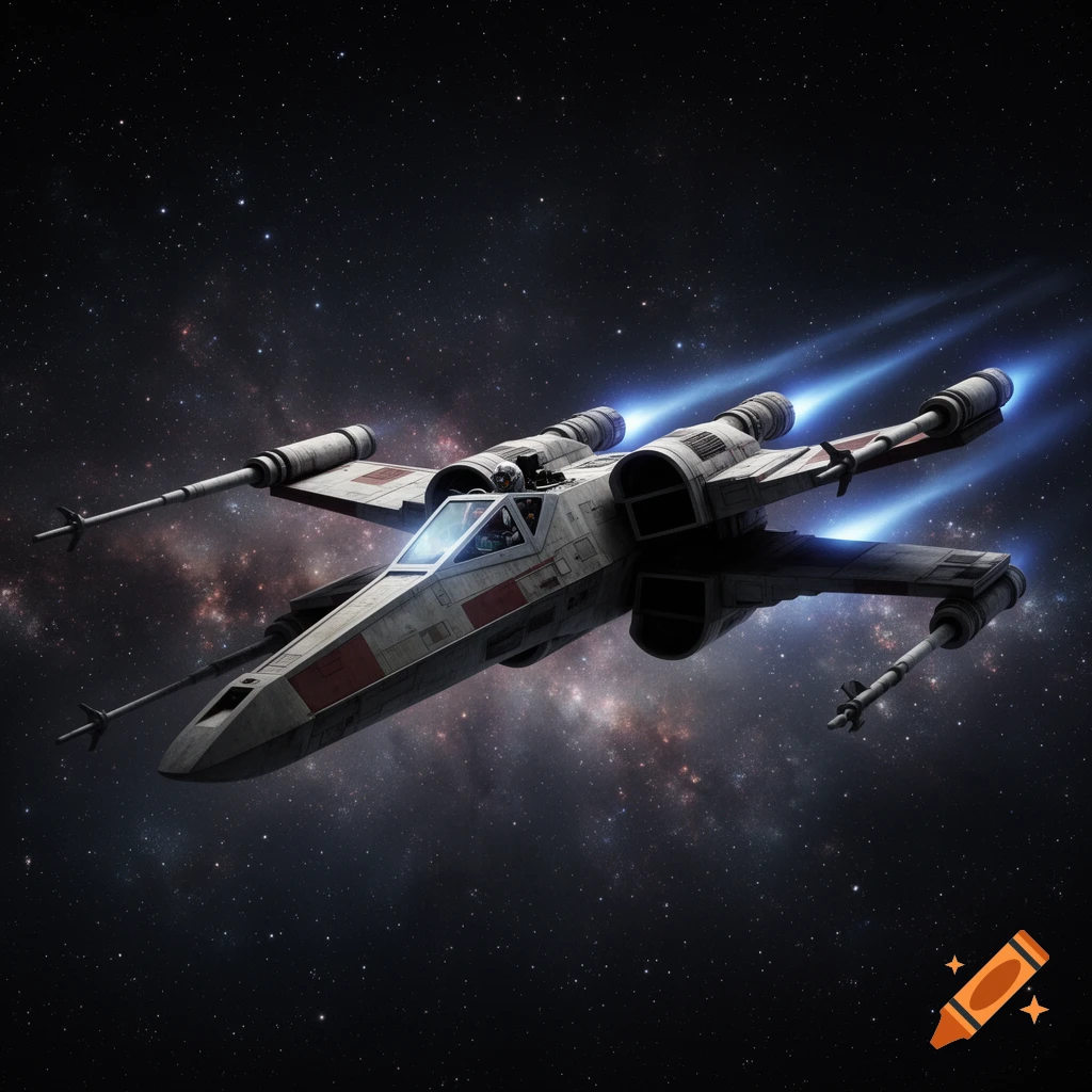 A photorealistic X-Wing fighter spaceship flying through a star-filled galaxy with glowing blue engine trails.