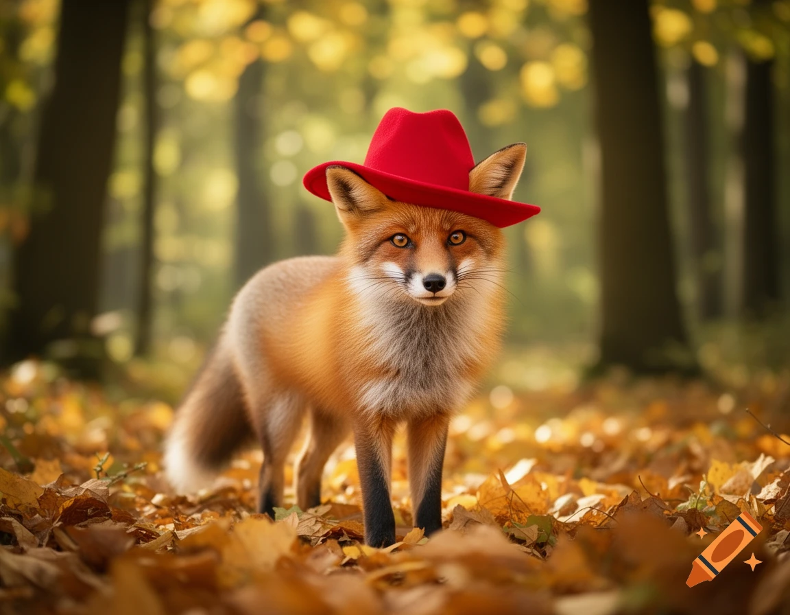 A photorealistic red fox wearing a red hat stands in a sunlit autumn forest filled with golden leaves.