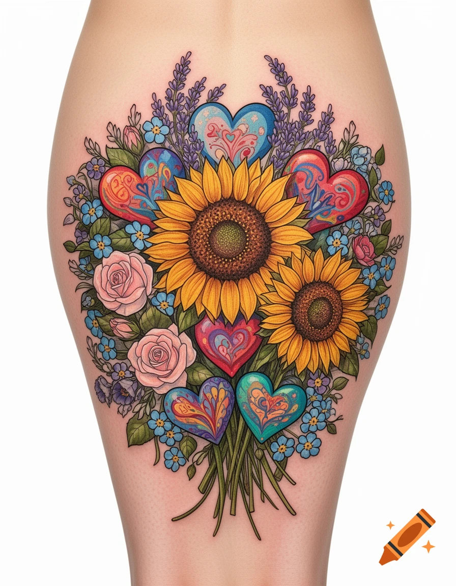A colorful tattoo of a floral bouquet featuring sunflowers, pink roses, lavender, blue forget-me-nots, and decorative patterned hearts on a person's leg.