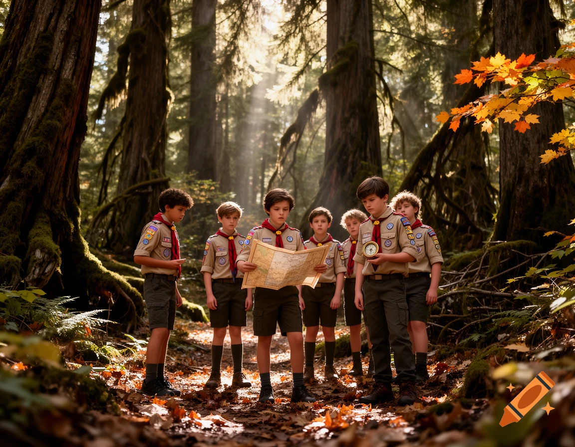 A group of boy scouts, looking at a map and holding a compass, standing in a dense, sunlit forest with autumn leaves on the ground.