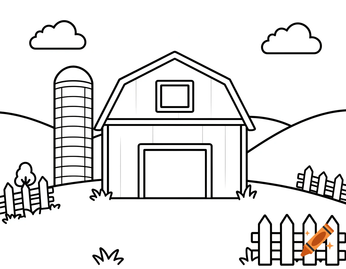 Black and white coloring page of a barn and silo on a farm with fences and hills under two clouds.