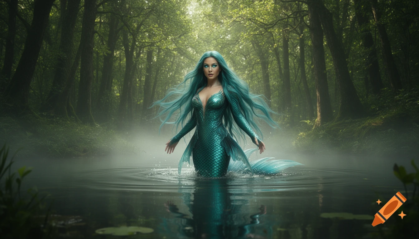A beautiful mermaid with flowing teal hair and a shimmering green tail emerges from a misty forest pond, surrounded by lush trees.