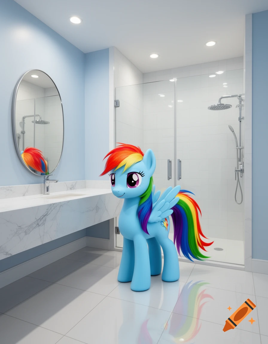 A light blue cartoon pony with a rainbow mane and tail stands in a modern, light blue and white bathroom with a shower.