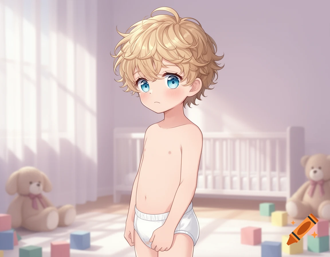 An anime boy with blonde curly hair and blue eyes, wearing a white diaper, standing in a nursery with toys.