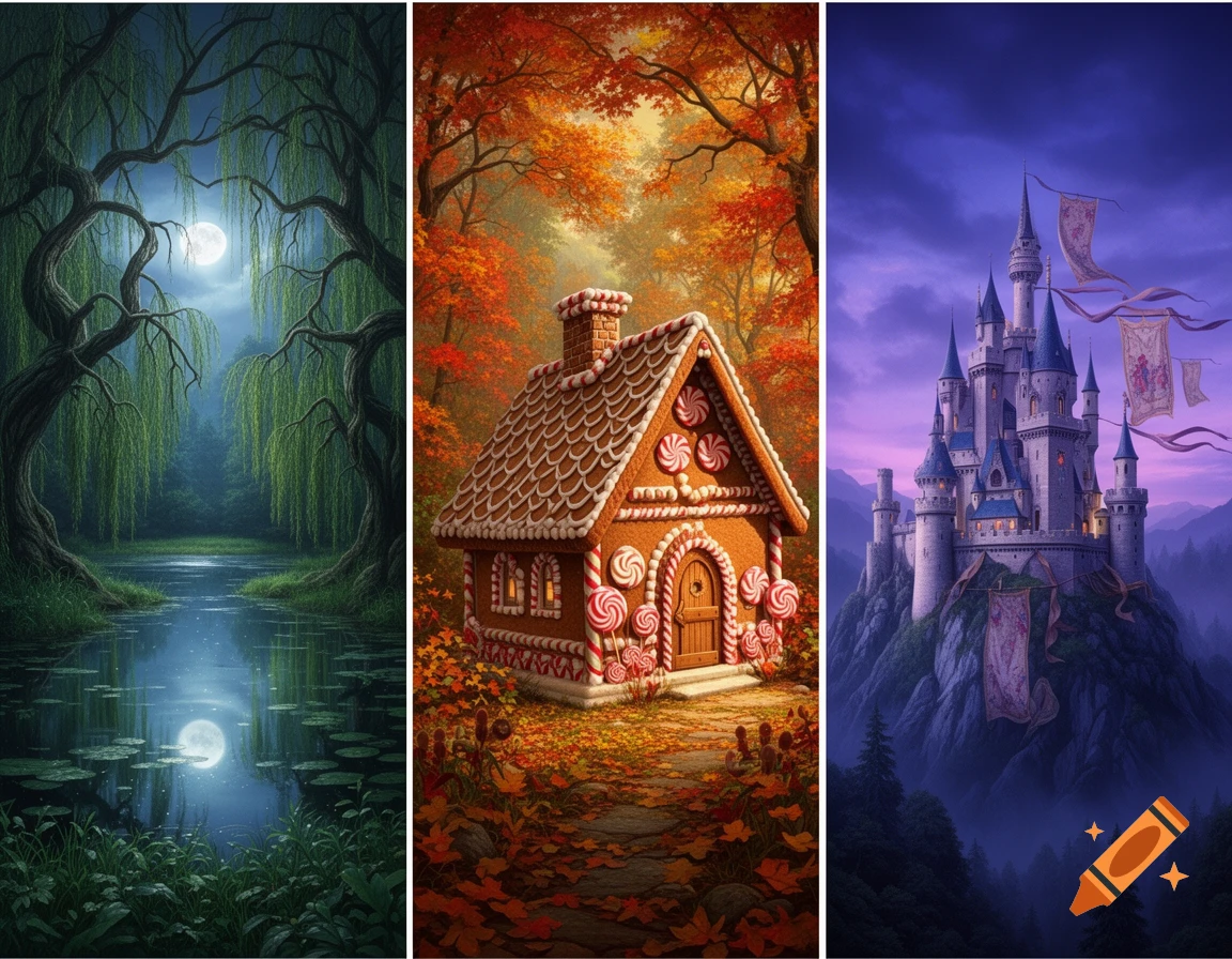 Three fantasy panels: a moonlit forest with a reflective lake, a gingerbread house in an autumn woods, and a purple-hued castle on a misty mountain.