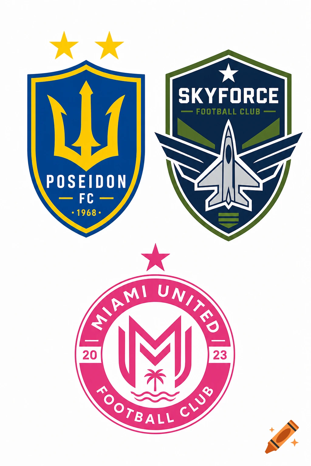 Three distinct vector football club logos: a blue trident shield, a green jet shield, and a pink circular badge.