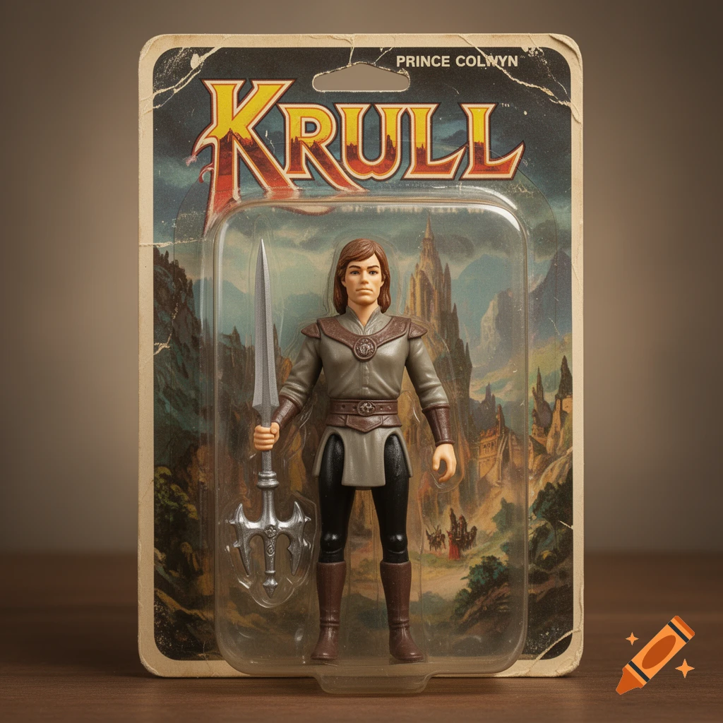 A vintage 70s style action figure of Prince Colwyn from Krull, in its original blister packaging with a scenic background.