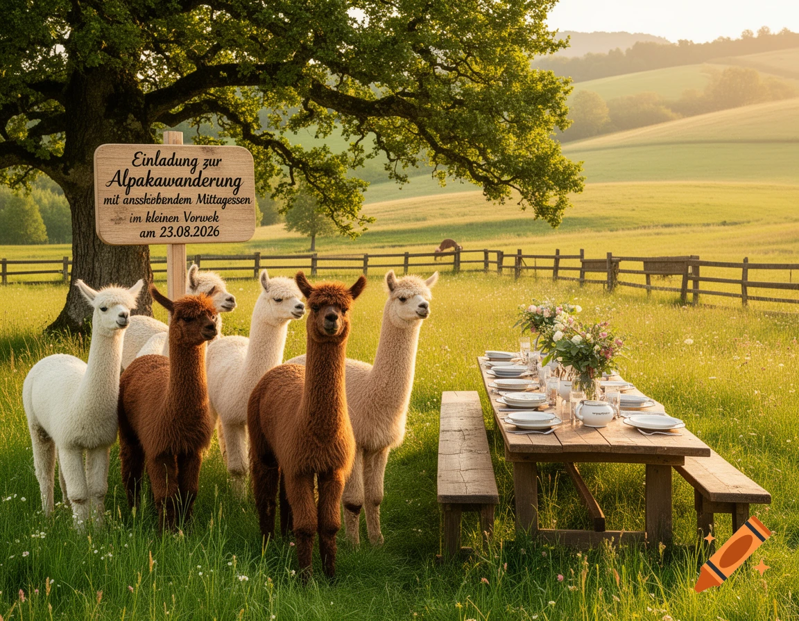Five alpacas stand in a sunny field near a picnic table and a sign advertising an alpaca hike and lunch.