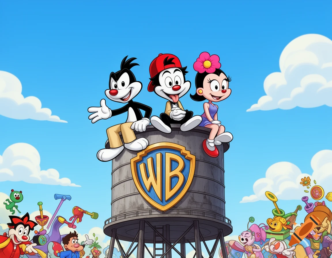 Animaniacs characters Yakko, Wakko, and Dot sit on a WB water tower under a blue sky, in a vibrant cartoon style.