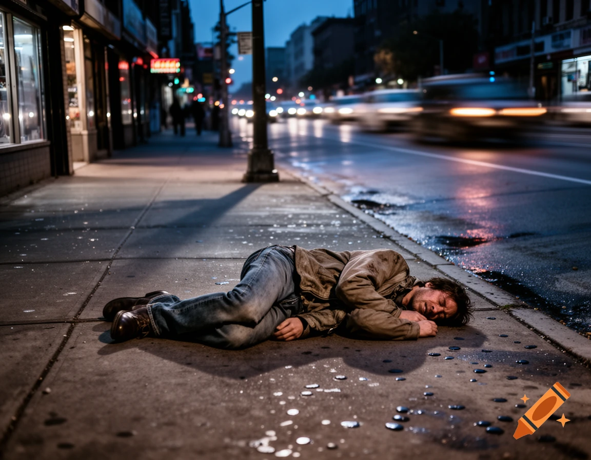 A man lies on a wet city sidewalk at night, with blurred car lights and shop windows in the background, photorealistic style.