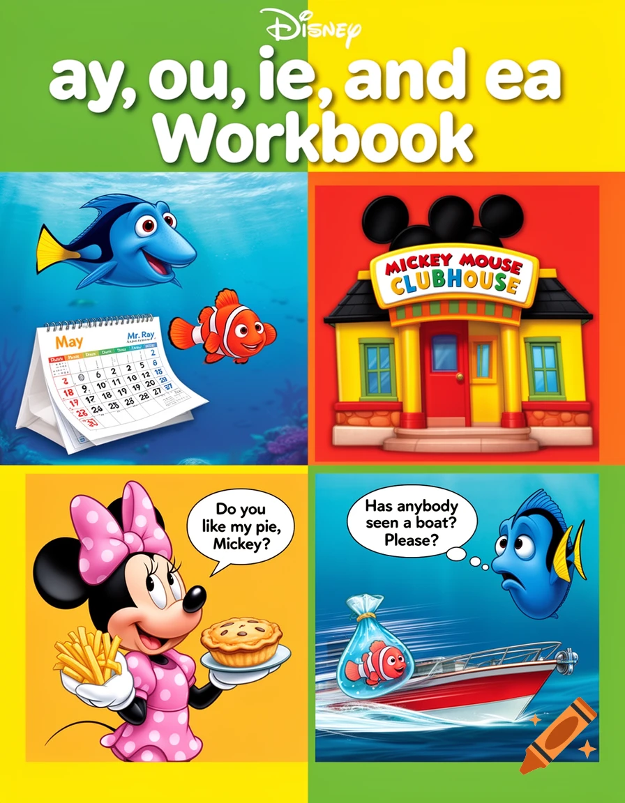 Disney workbook cover with four panels: Dory, Nemo, Mr. Ray, calendar; Mickey Mouse Clubhouse; Minnie with pie and fries; Dory, Nemo on a boat.