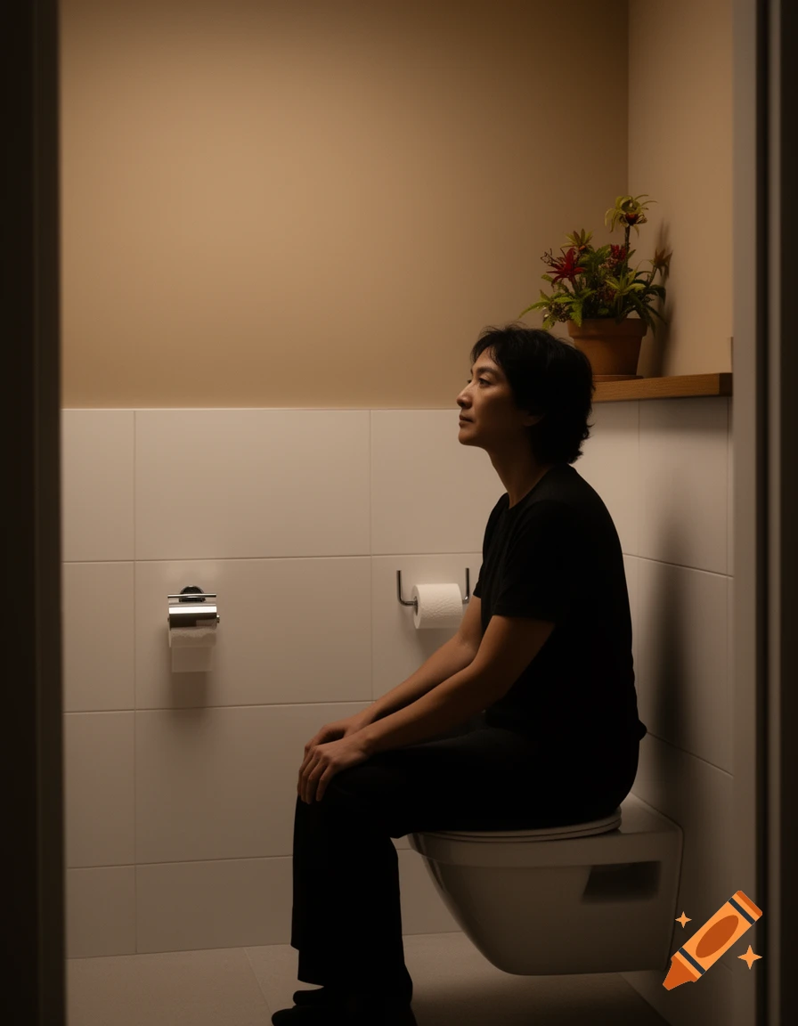 A person sits on a toilet in a dimly lit bathroom, looking upwards thoughtfully.