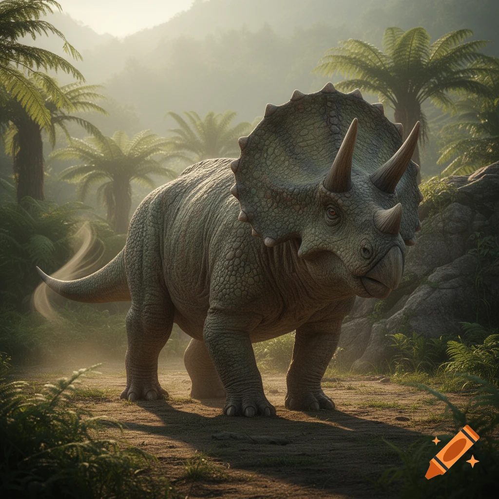 A photorealistic triceratops stands on a dirt path in a misty prehistoric jungle, surrounded by ferns and palm trees.