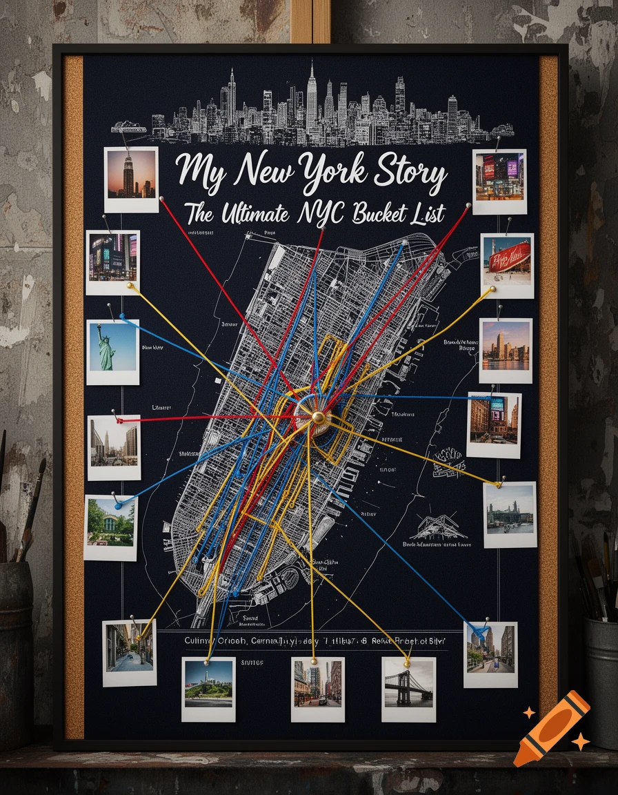 A dark cork board with a detailed map of New York City, titled "My New York Story: The Ultimate NYC Bucket List." Colorful strings connect pins on the map to Polaroid-style photos of NYC landmarks around the edges.