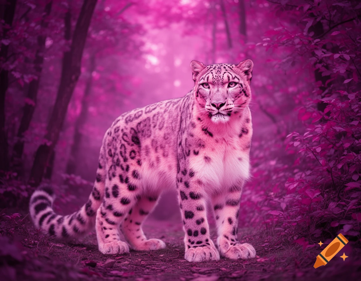 A pink snow leopard with black spots stands in a vibrant pink and purple forest.