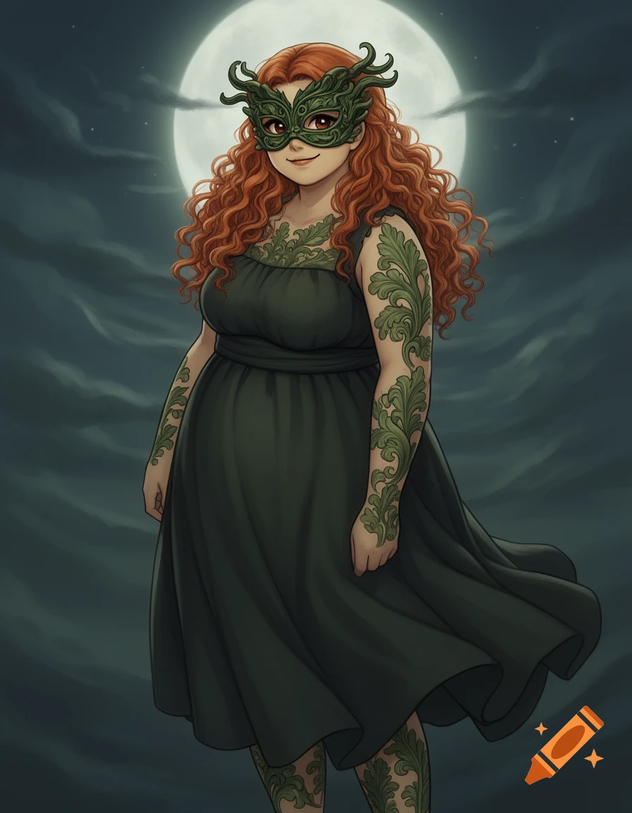 A woman with red curly hair and green leaf mask and tattoos wears a dark green dress against a full moon, in a painted anime style.