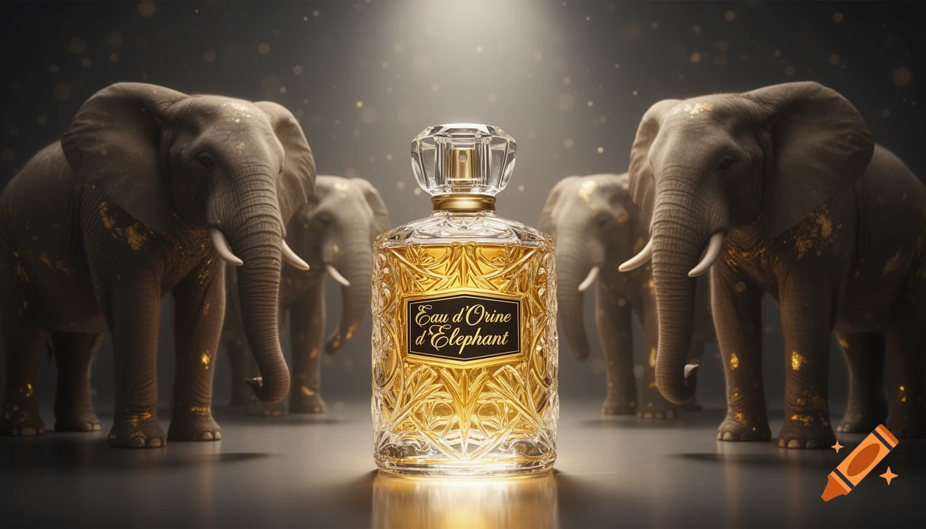 Luxury perfume bottle with 'Eau d'Orine d'Elephant' label, flanked by two majestic elephants with gold accents in a glamorous studio.