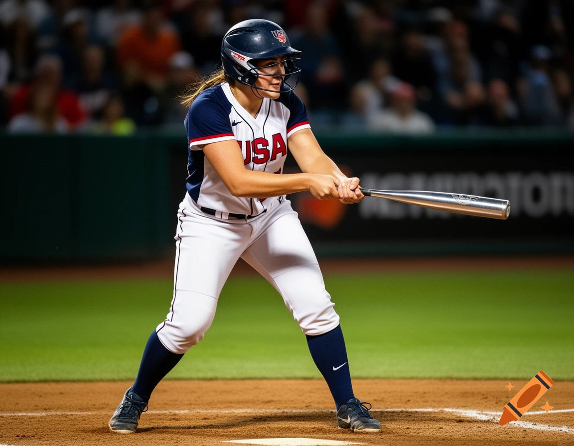 A female USA softball player in uniform, helmet, and cleats holds a bat on a dirt field.