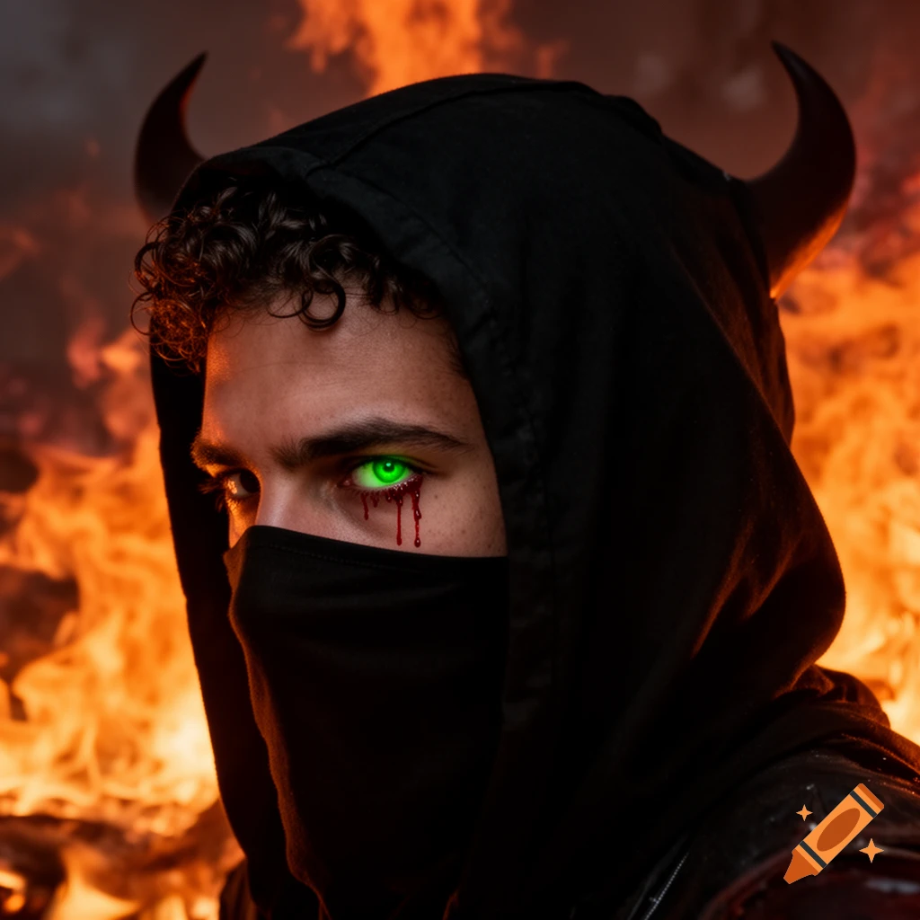A hooded man with glowing green eyes, blood dripping from one eye, subtle devil horns, and a fiery background.