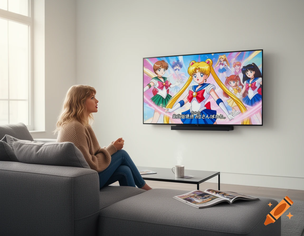 A blonde woman, resembling Taylor Swift, sits on a grey sofa watching Sailor Moon anime on a TV in a bright living room.