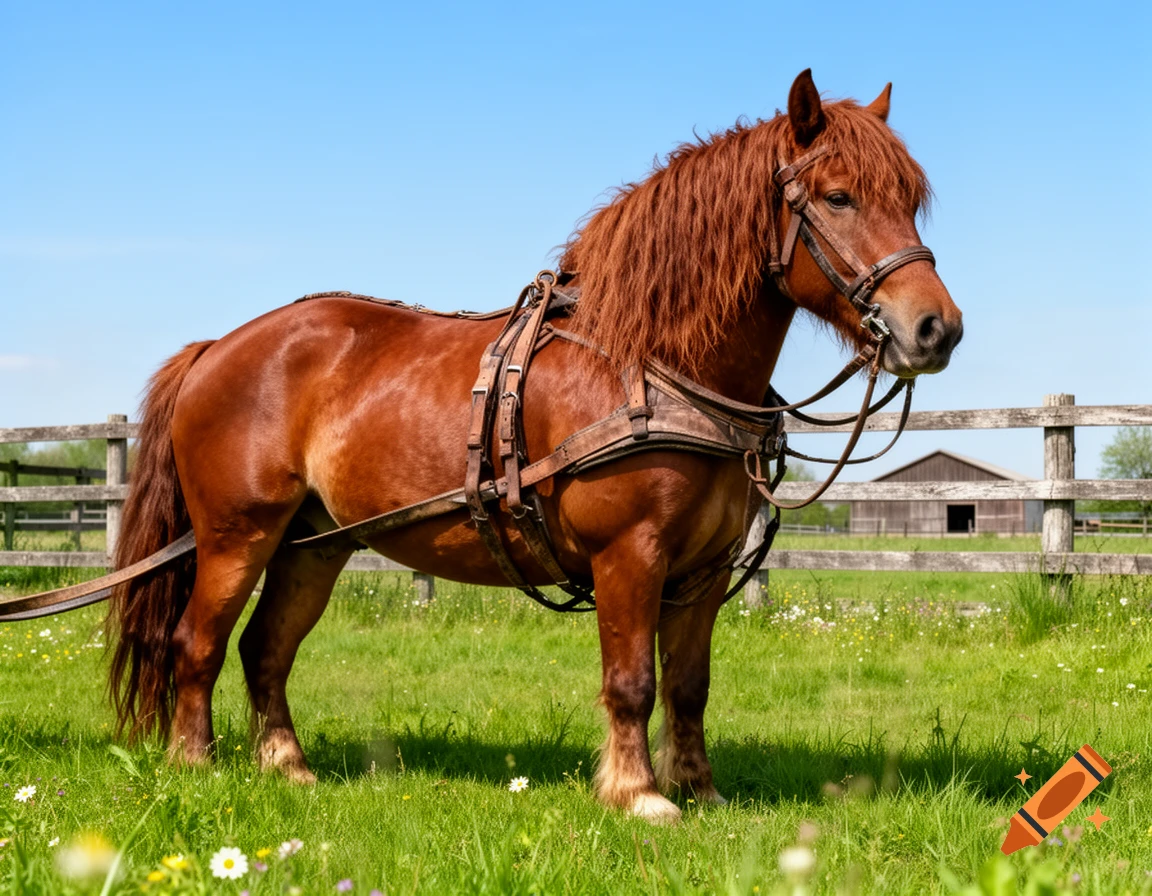 A brown workhorse with a harness stands in a green field under a clear blue sky, with a wooden fence and barn in the background.