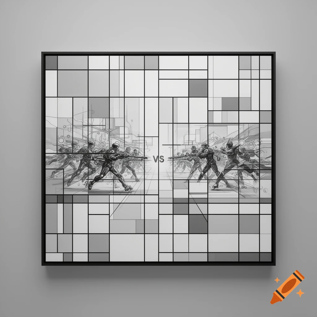 Monochromatic abstract art with a grid pattern depicting two groups of futuristic soldiers engaged in a face-off with 'VS' in the center.