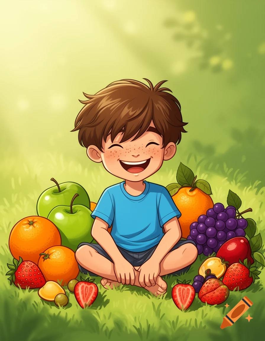 Happy cartoon boy sits on green grass, surrounded by colorful apples, oranges, strawberries, and grapes in a vibrant illustration style.