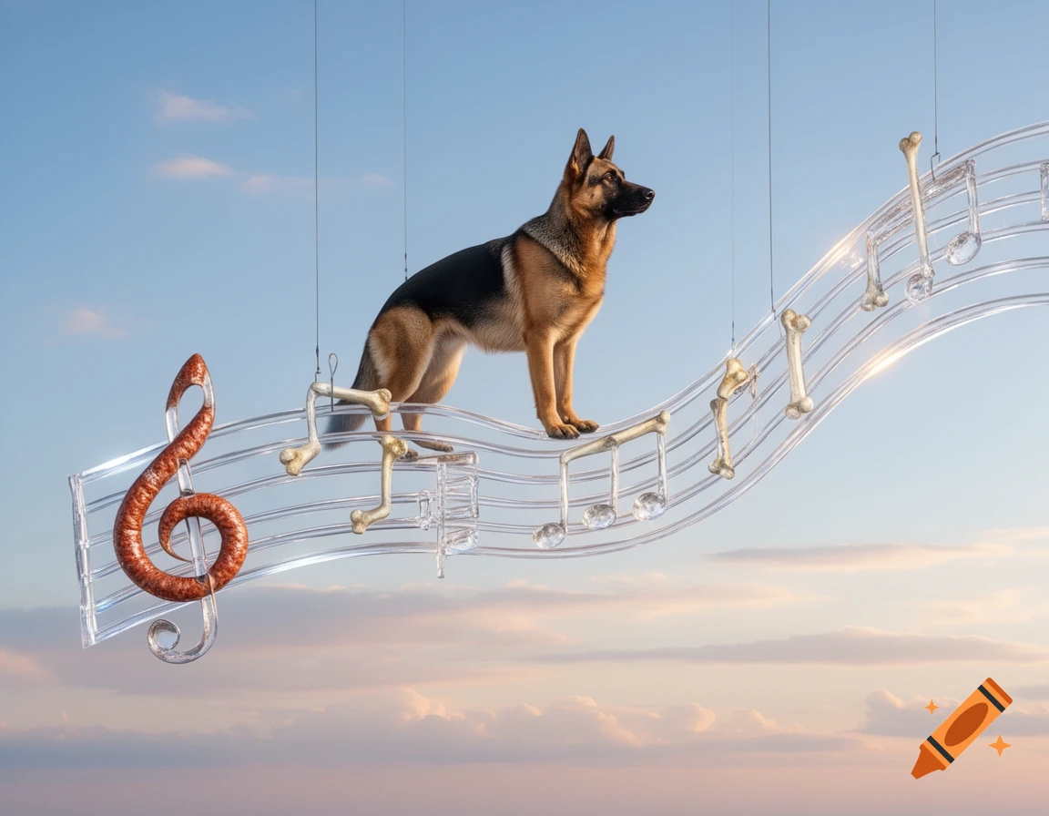 A photorealistic German Shepherd stands on a clear glass musical staff with bone notes and a sausage clef, suspended in a blue sky.