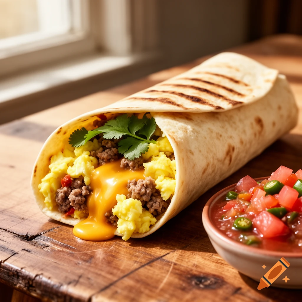 A close-up of a breakfast burrito filled with scrambled eggs, ground meat, cheese sauce, and cilantro, served with salsa.