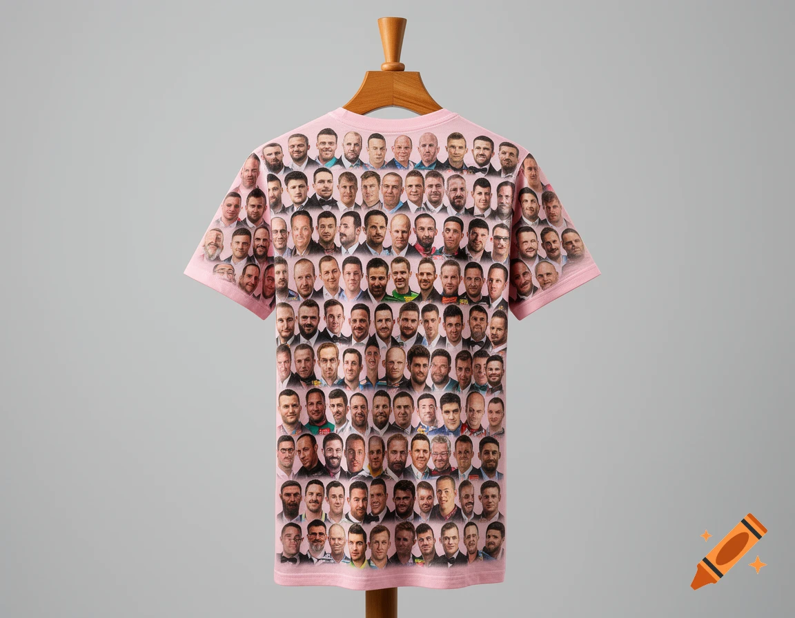 A light pink t-shirt covered in a grid of many men's faces, hanging on a wooden hanger against a grey background.