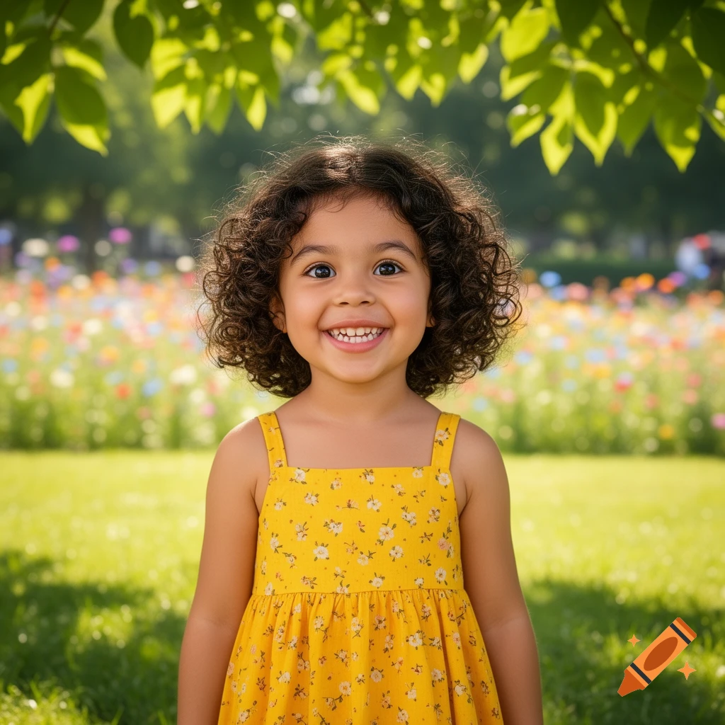 A smiling young girl with curly hair in a yellow floral dress stands in a sunny park with colorful flowers and green leaves overhead.