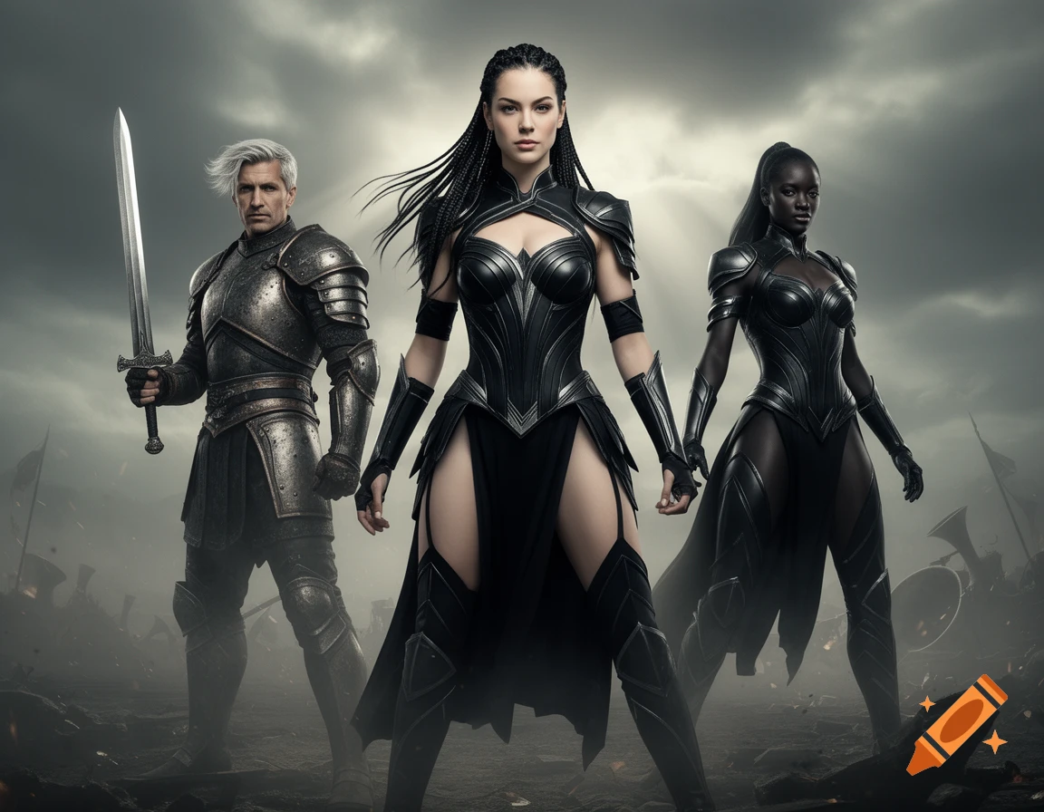 Three warriors in elaborate dark armor stand on a desolate battlefield under a stormy sky. The central female figure has dark braids, flanked by a male knight with a sword and another female warrior.