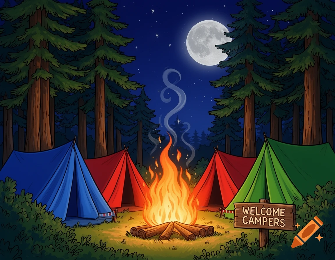 A colorful clipart illustration of a nighttime campsite with tents, a bonfire, pine trees, and a full moon, featuring a 'Welcome Campers' sign.
