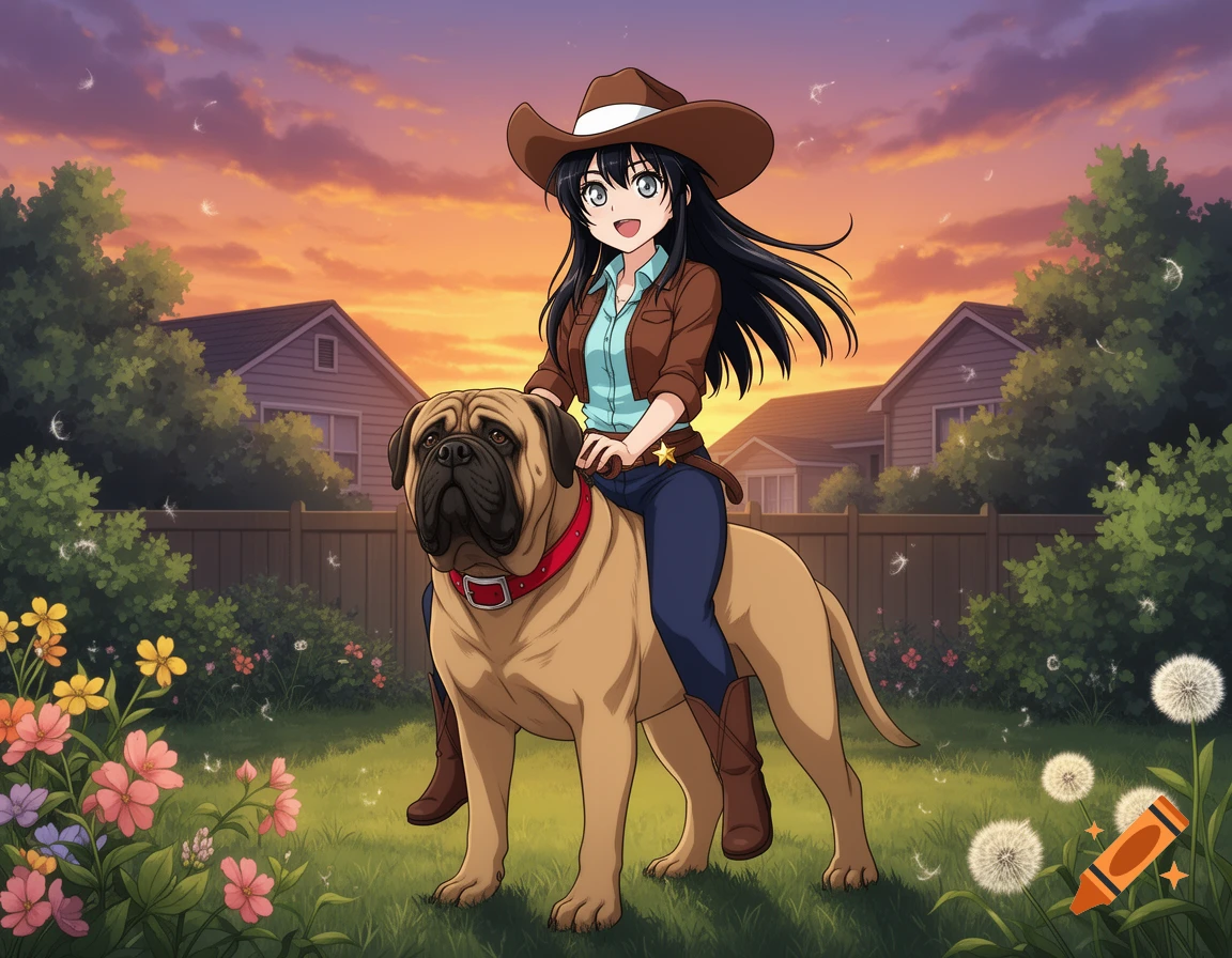 Anime cowgirl with black hair riding a large English Mastiff dog in a suburban backyard at sunset.