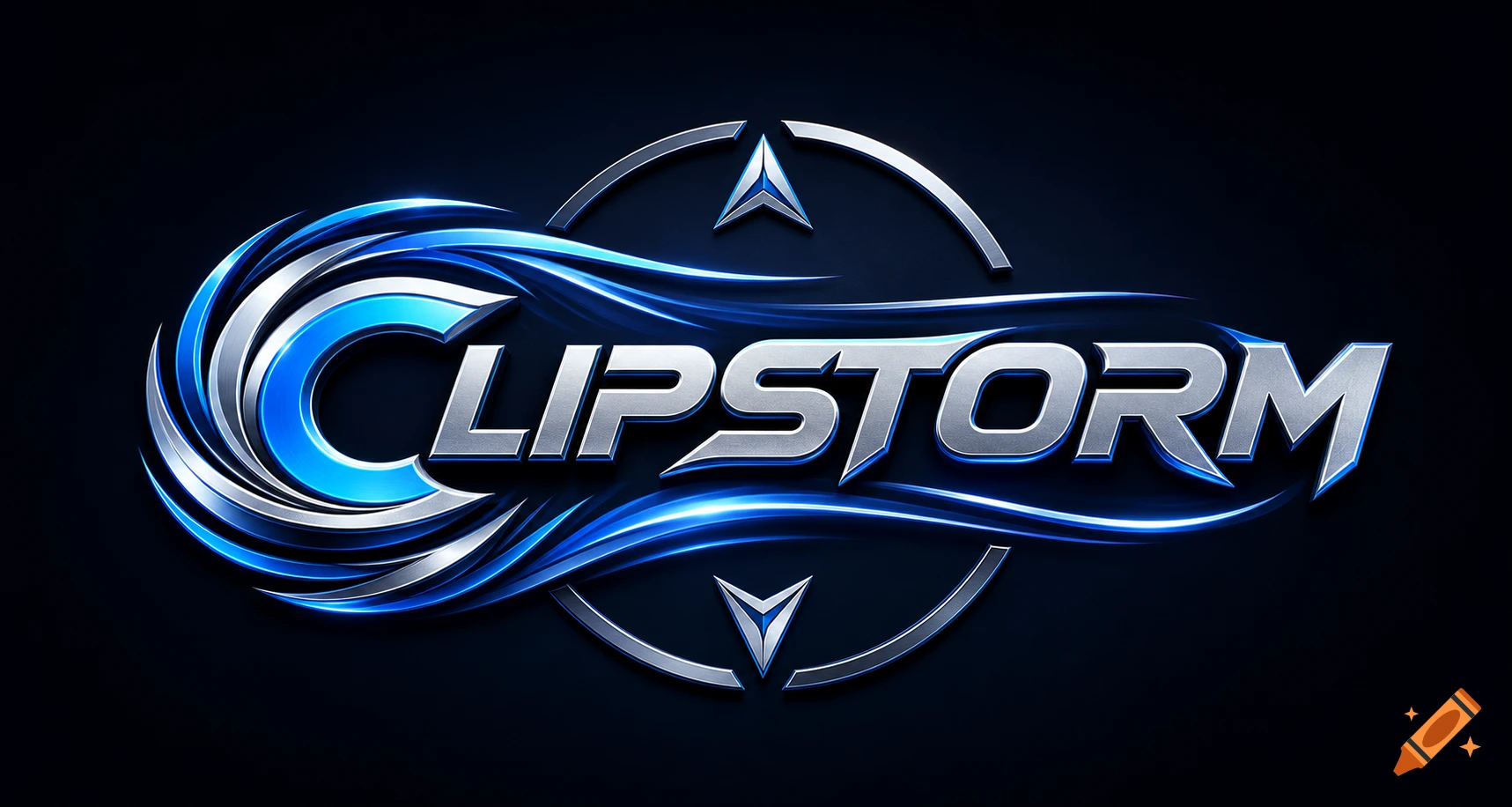 A metallic silver and blue logo on a dark background spells "CLIPSTORM" with dynamic swirling elements and sharp lines.