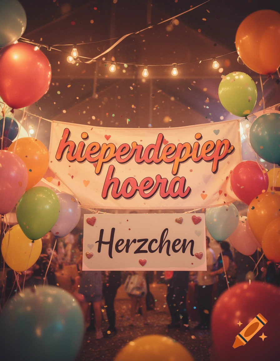 A festive party scene with colorful balloons, falling confetti, string lights, and banners reading 'hieperdepiep hoera' and 'Herzchen'.