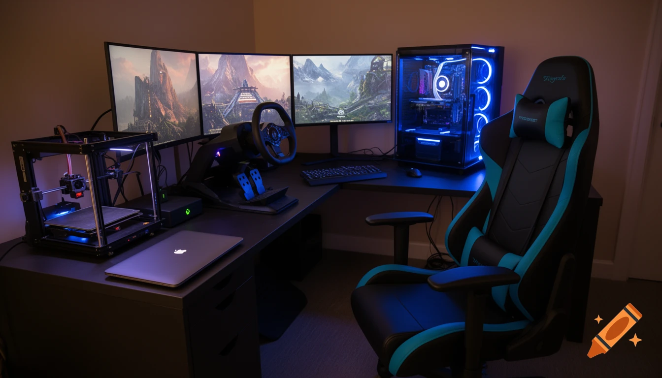 A dark room with an L-shaped desk featuring a triple monitor PC gaming setup, a 3D printer, a MacBook, and a blue-and-black gaming chair.