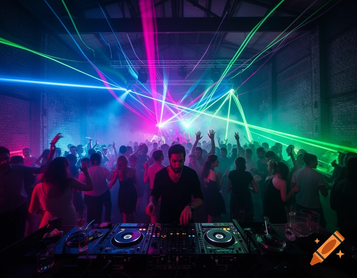 A photorealistic image of a DJ playing at a crowded techno party, illuminated by vibrant blue, pink, and green laser lights.