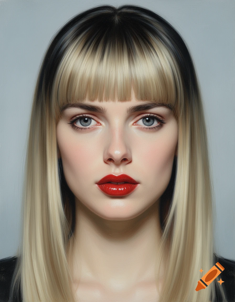Extreme close-up oil painting portrait of a young woman with blonde hair, bangs, gray-blue eyes, and red lipstick.