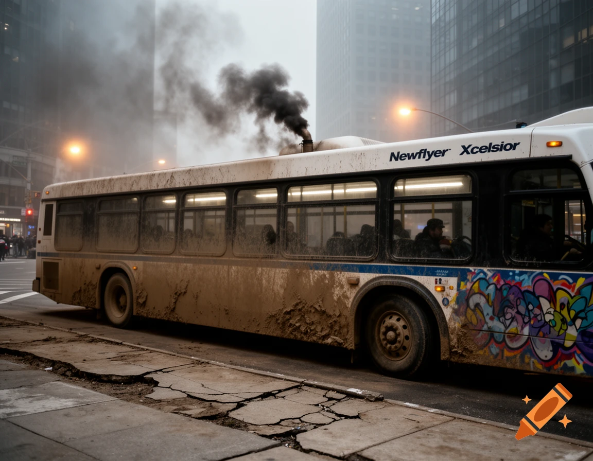 A very dirty, white Newflyer Xcelsior bus with graffiti on its side emits black smoke from its roof while driving on a city street.