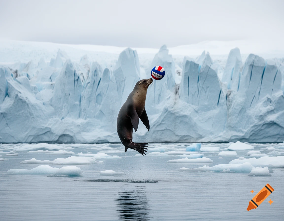 A sea lion leaps from icy water, expertly balancing a red, white, and blue volleyball on its nose, with glaciers in the background.