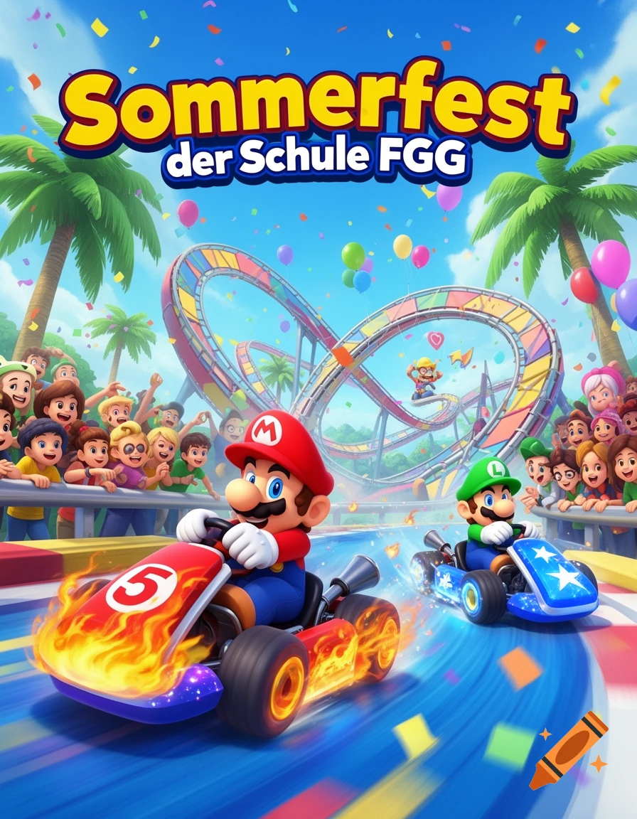 Mario and Luigi race in go-karts on a vibrant track with spectators and a roller coaster, under text "Sommerfest der Schule FGG".