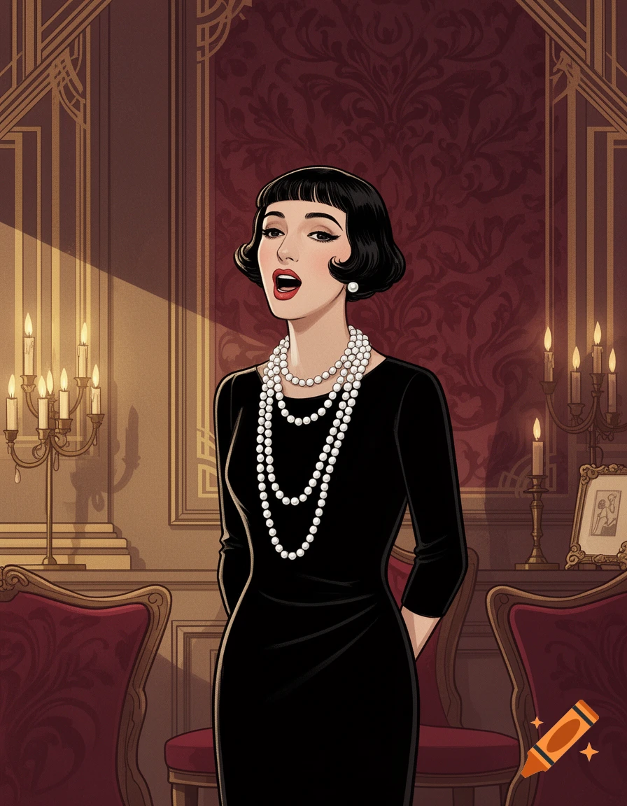 An illustration of an elegant woman with a bob haircut, wearing a black dress and pearl necklaces, singing in a vintage 1920s room.