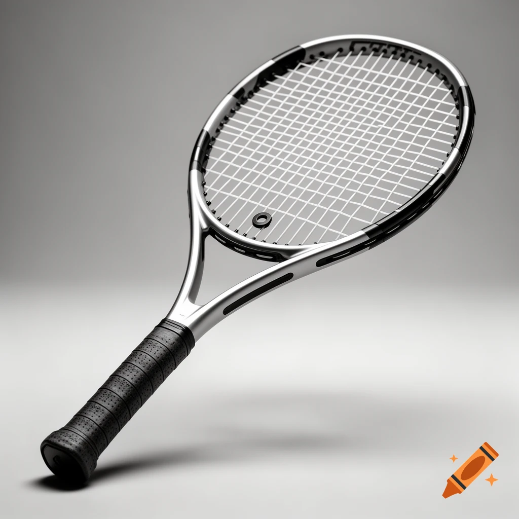 A photorealistic studio shot of a sleek silver and black tennis racket with a black grip.