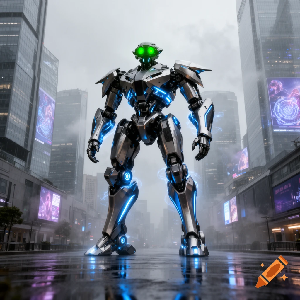 A large, metallic robot with glowing green eyes and blue electrical accents stands on a wet city street, surrounded by tall buildings.