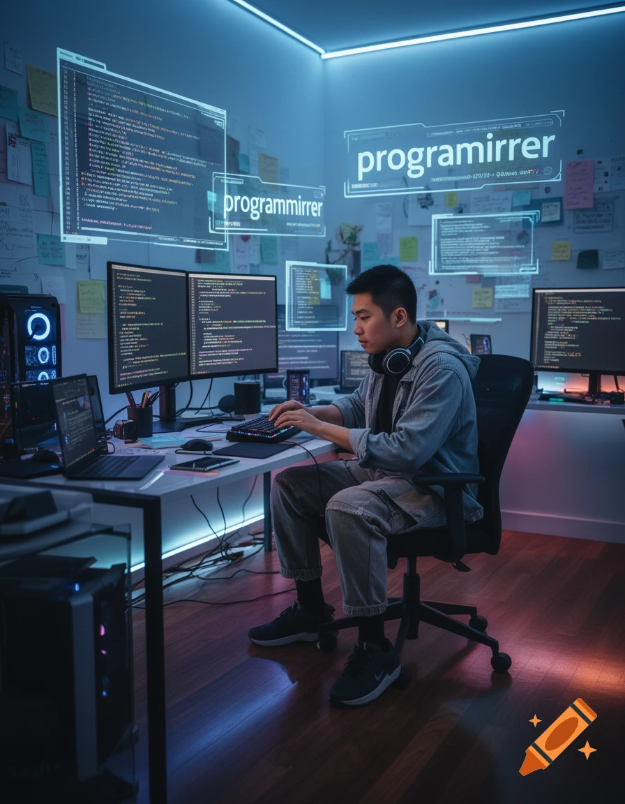 A young man sits at a desk in a futuristic, neon-lit room, typing on a keyboard surrounded by multiple computer screens and glowing holographic displays with the text "programmirrer".