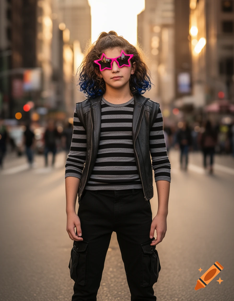 A young person with blue-streaked curly hair, pink star glasses, striped shirt, and leather vest stands on a city street at sunset.